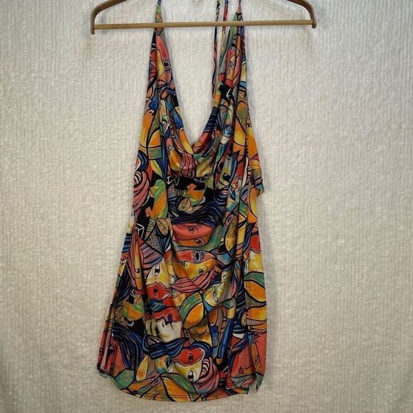 Monaco USA Multicolor Sleeveless Art Assorted Faces Halter Mini Dress Large - Picture 1 of 7